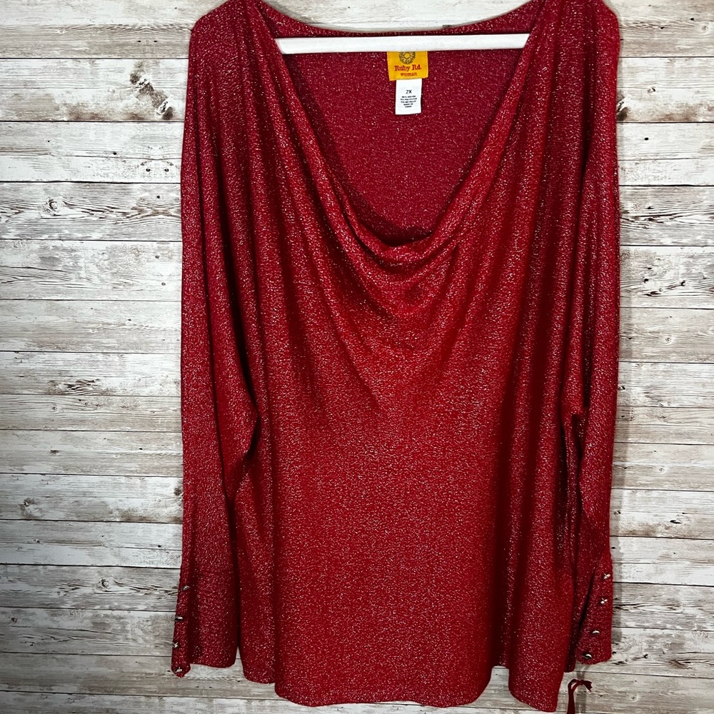Ruby Rd, 2X Red/Silver Holiday, Knit Top, Gathered Scoop neck